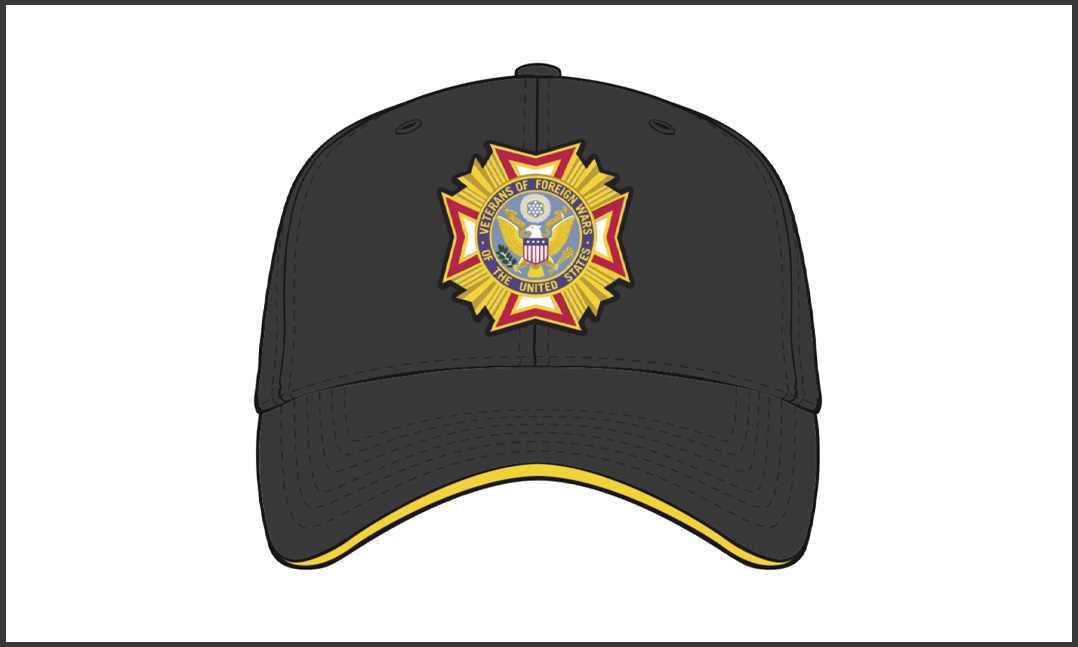 new alternative official VFW baseball cap available from the VFW store black hat gold rim VFW cross of malta