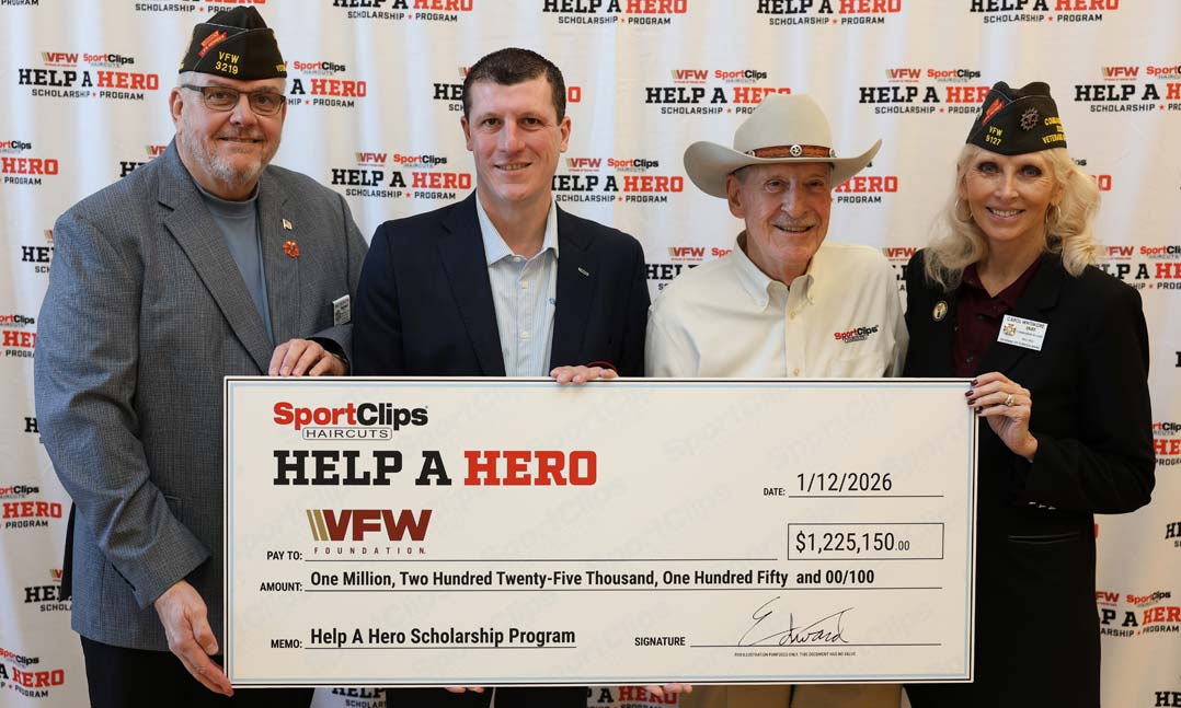 Sport Clips Haircuts CEO and President Edward Logan and Sport Clips Haircuts Founder and Chairman Gordon Logan presented a $1.22M check to VFW National Commander Carol Whitmore and VFW Foundation Executive Director Hal Roesch II