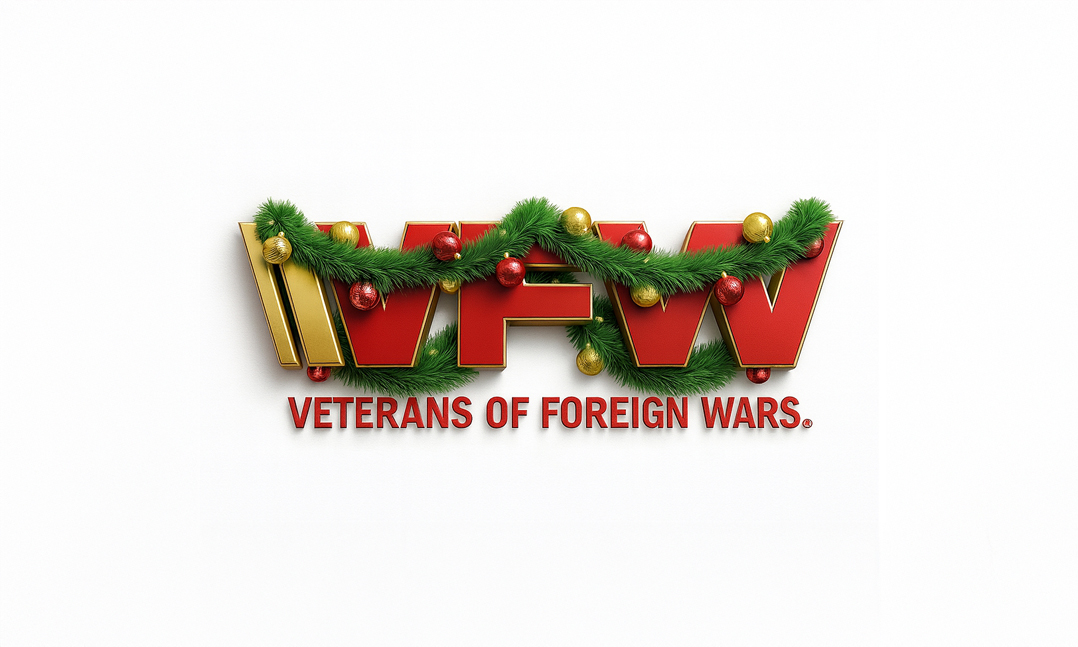 VFW logo covered in garland and ornaments